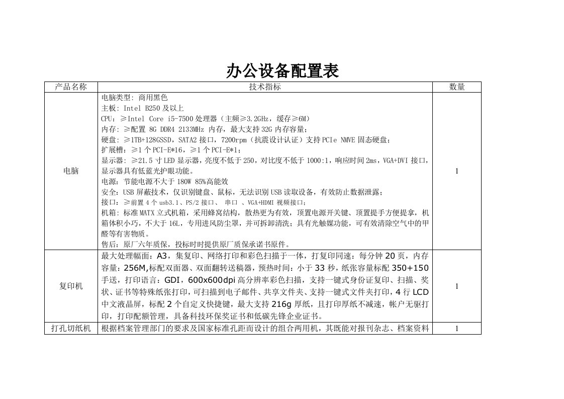 办公设备配置表