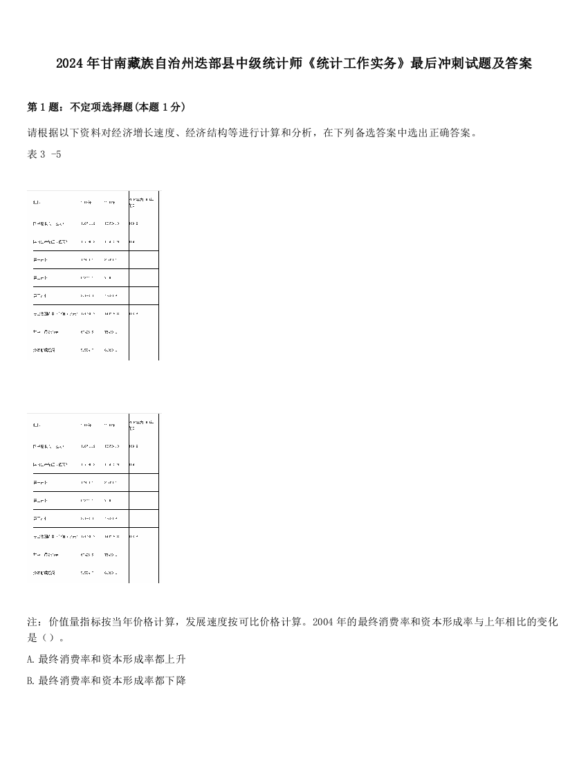 2024年甘南藏族自治州迭部县中级统计师《统计工作实务》最后冲刺试题及答案