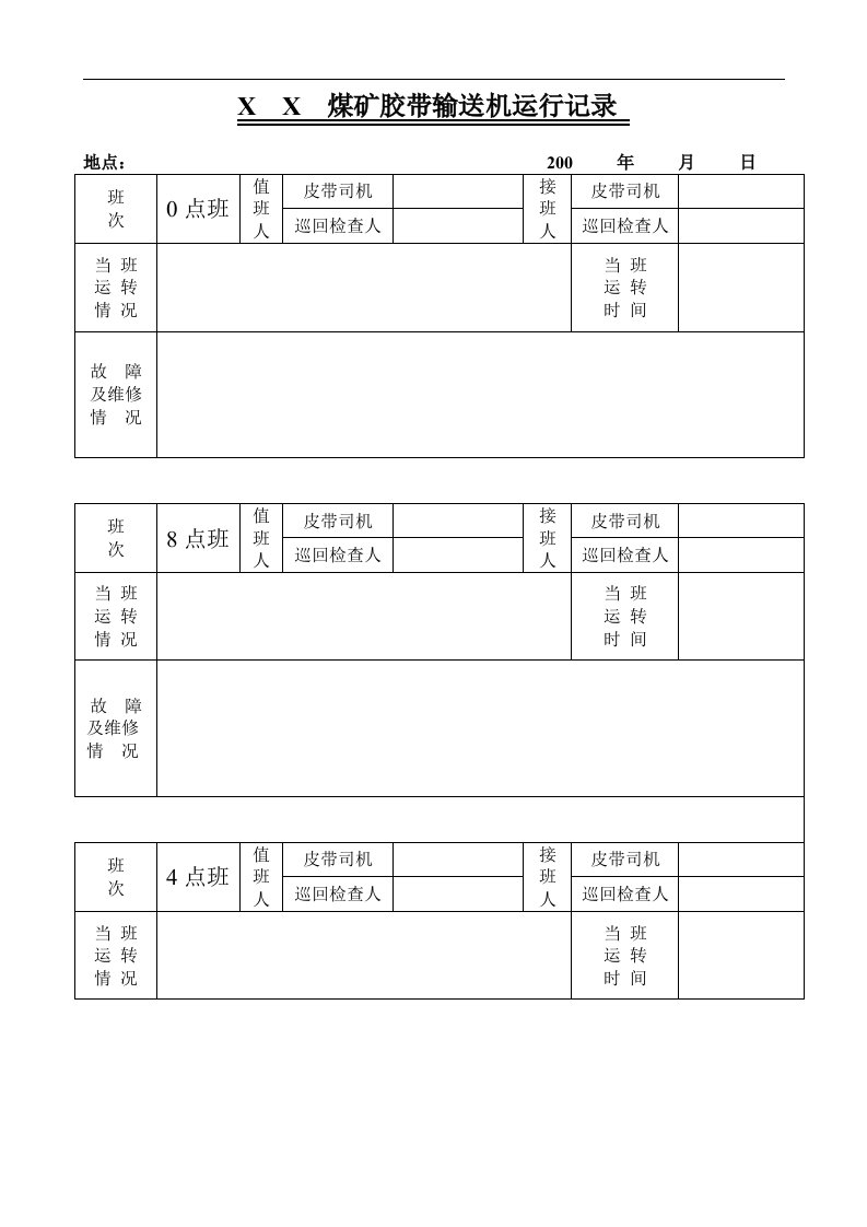 煤矿胶带输送机运行记录表模板