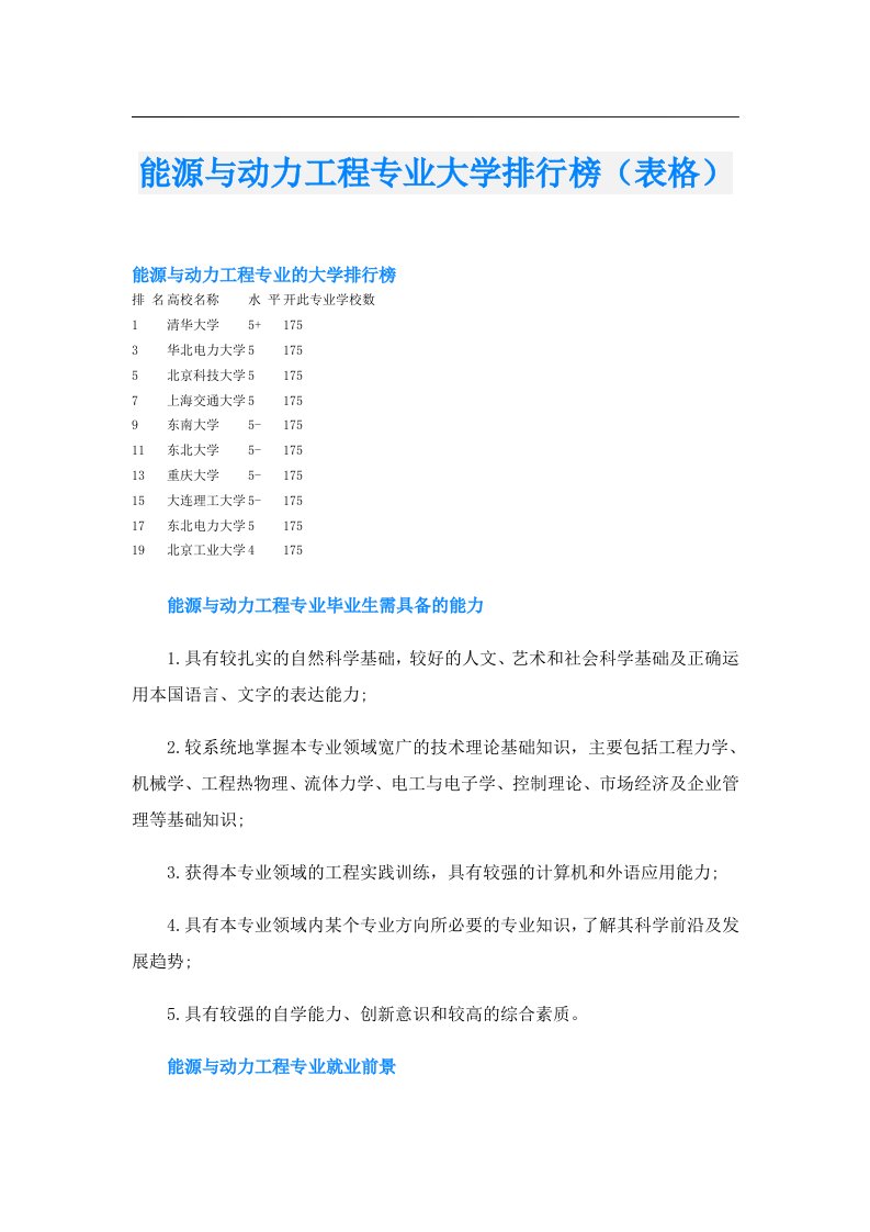 能源与动力工程专业大学排行榜（表格）