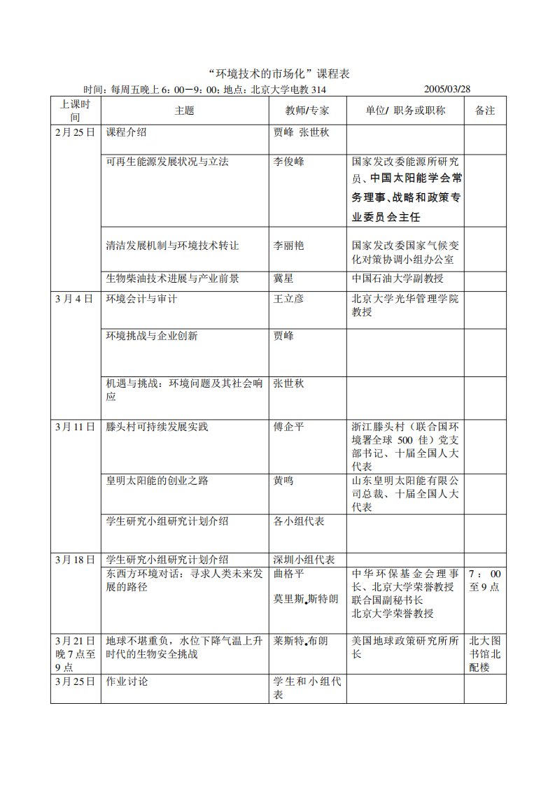 环境技术的场化课程表时间