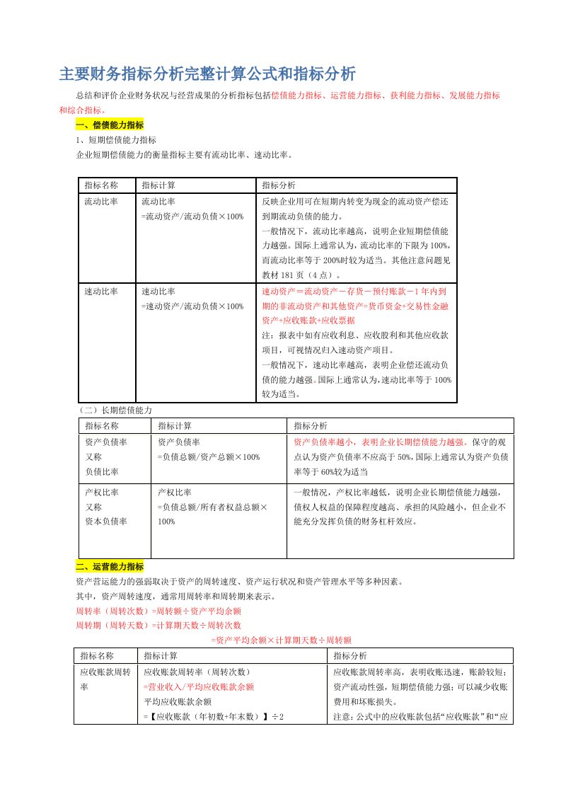 主要财务指标分析完整计算公式和指标分析