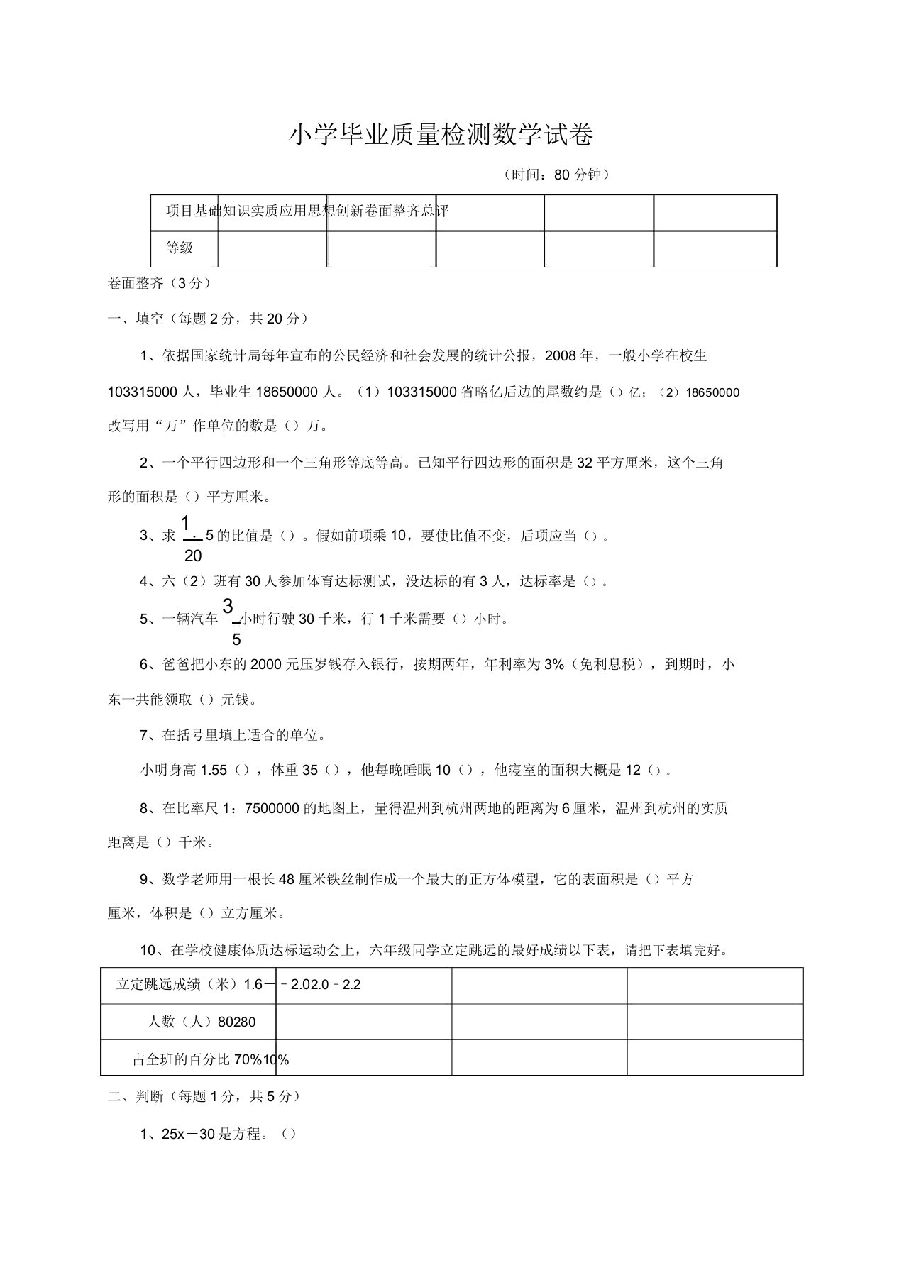 小学六年级数学毕业质量检测试卷