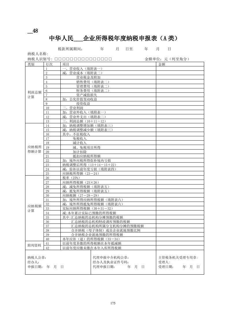 中华人民共和国企业所得税年度纳税申报表（A类）