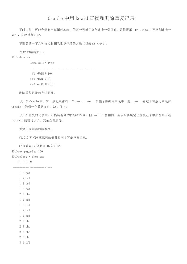 Oracle中用Rowid查找和删除重复记录