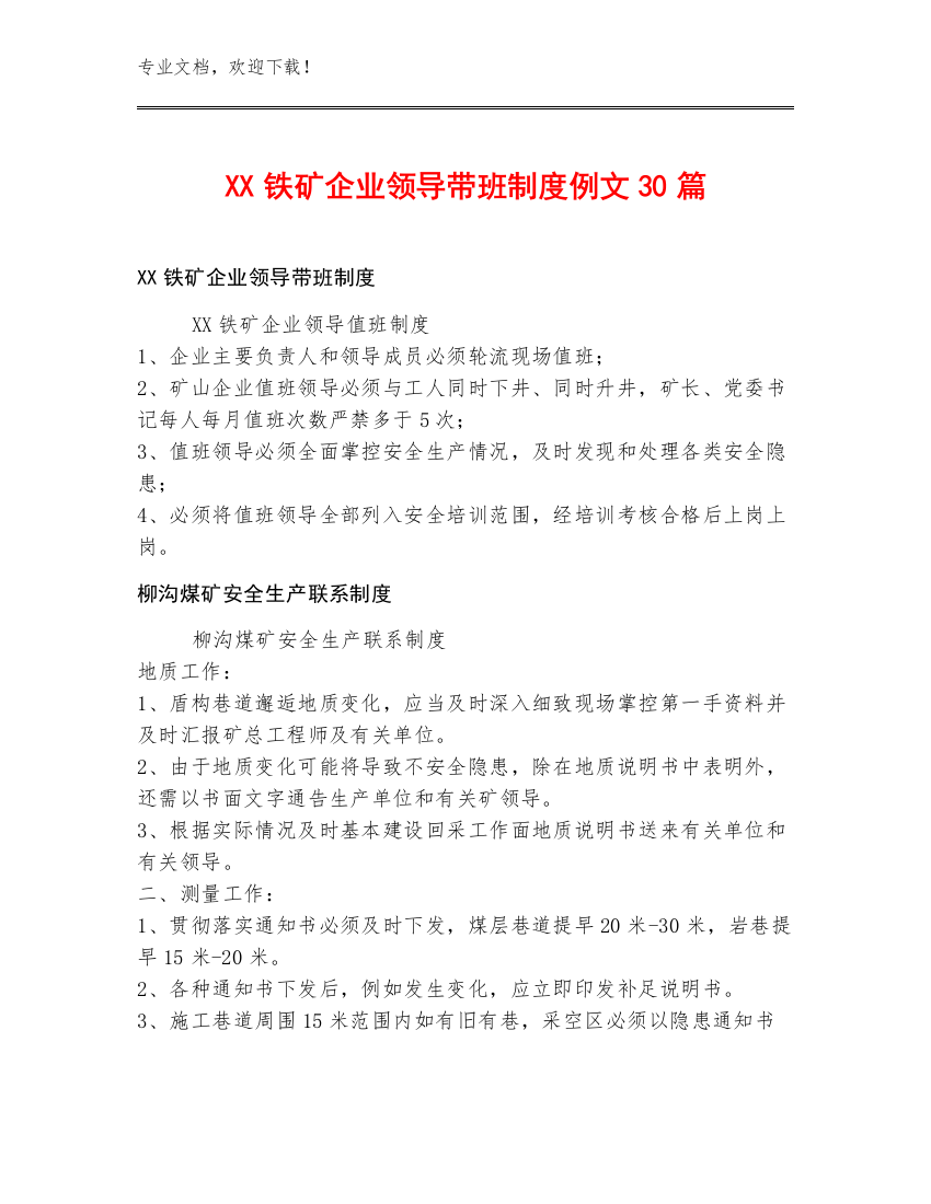 XX铁矿企业领导带班制度例文30篇