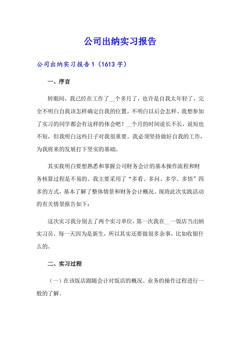 公司出纳实习报告