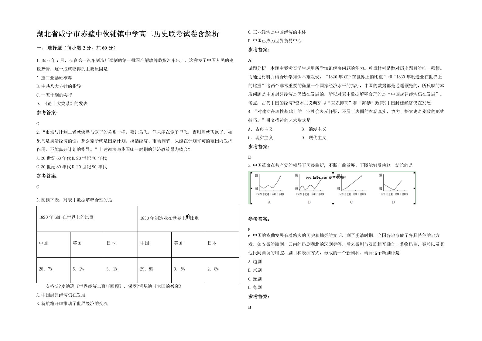 湖北省咸宁市赤壁中伙铺镇中学高二历史联考试卷含解析