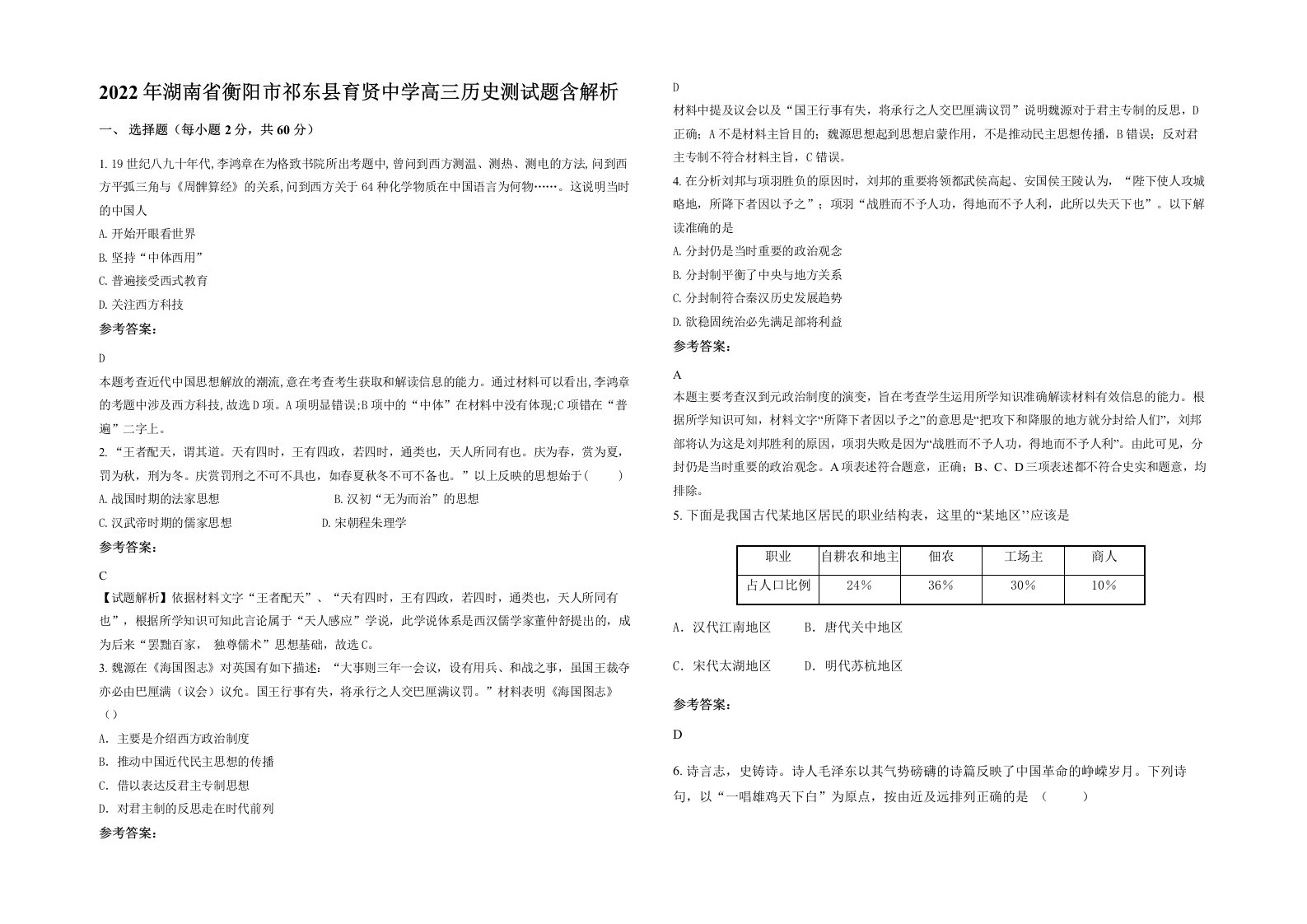 2022年湖南省衡阳市祁东县育贤中学高三历史测试题含解析