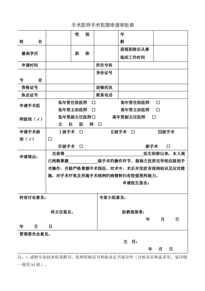 新版手术权限申请表