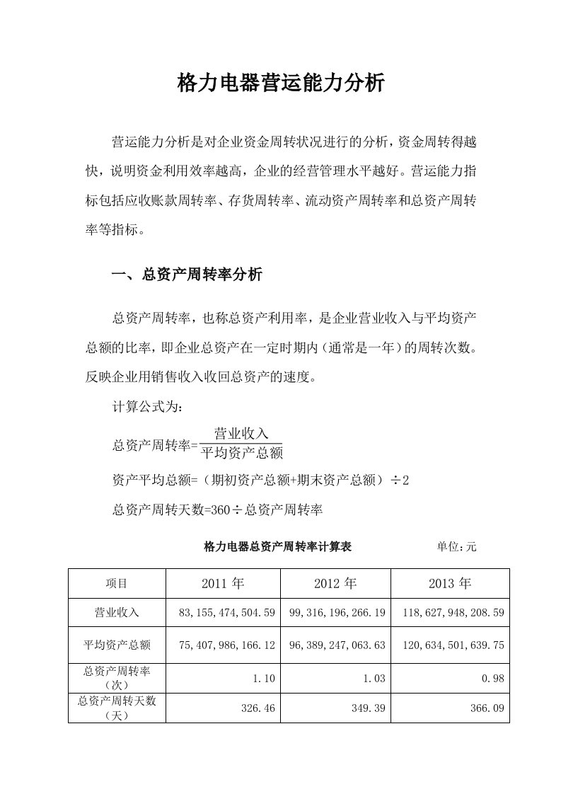 格力电器营运能力分析