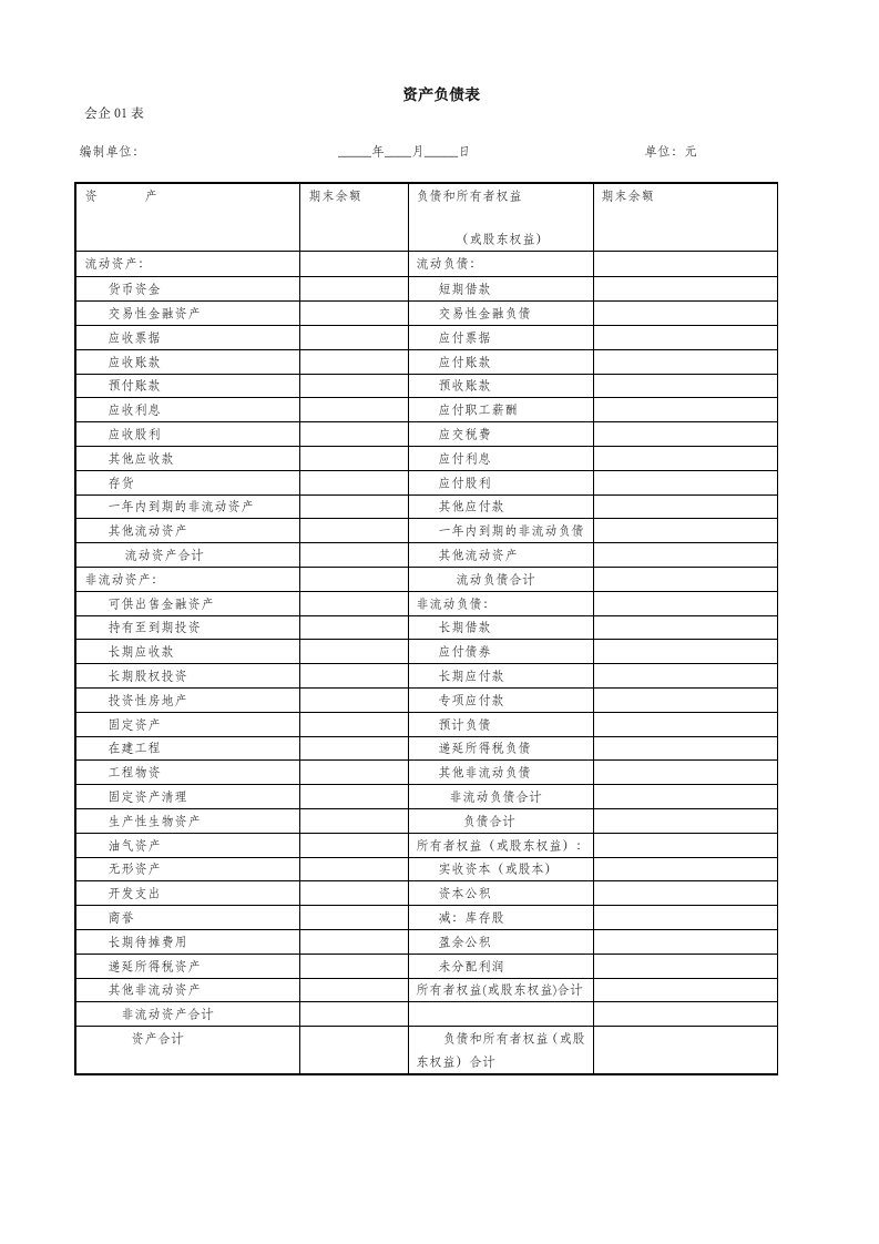 资产负债表会企01表