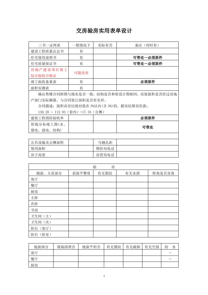 交房验房实用表单