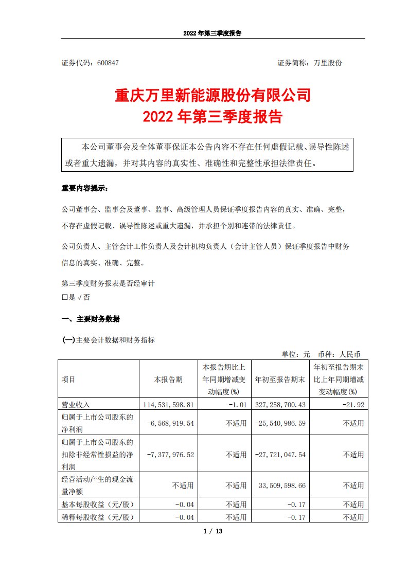 上交所-万里股份2022年第三季度报告-20221028