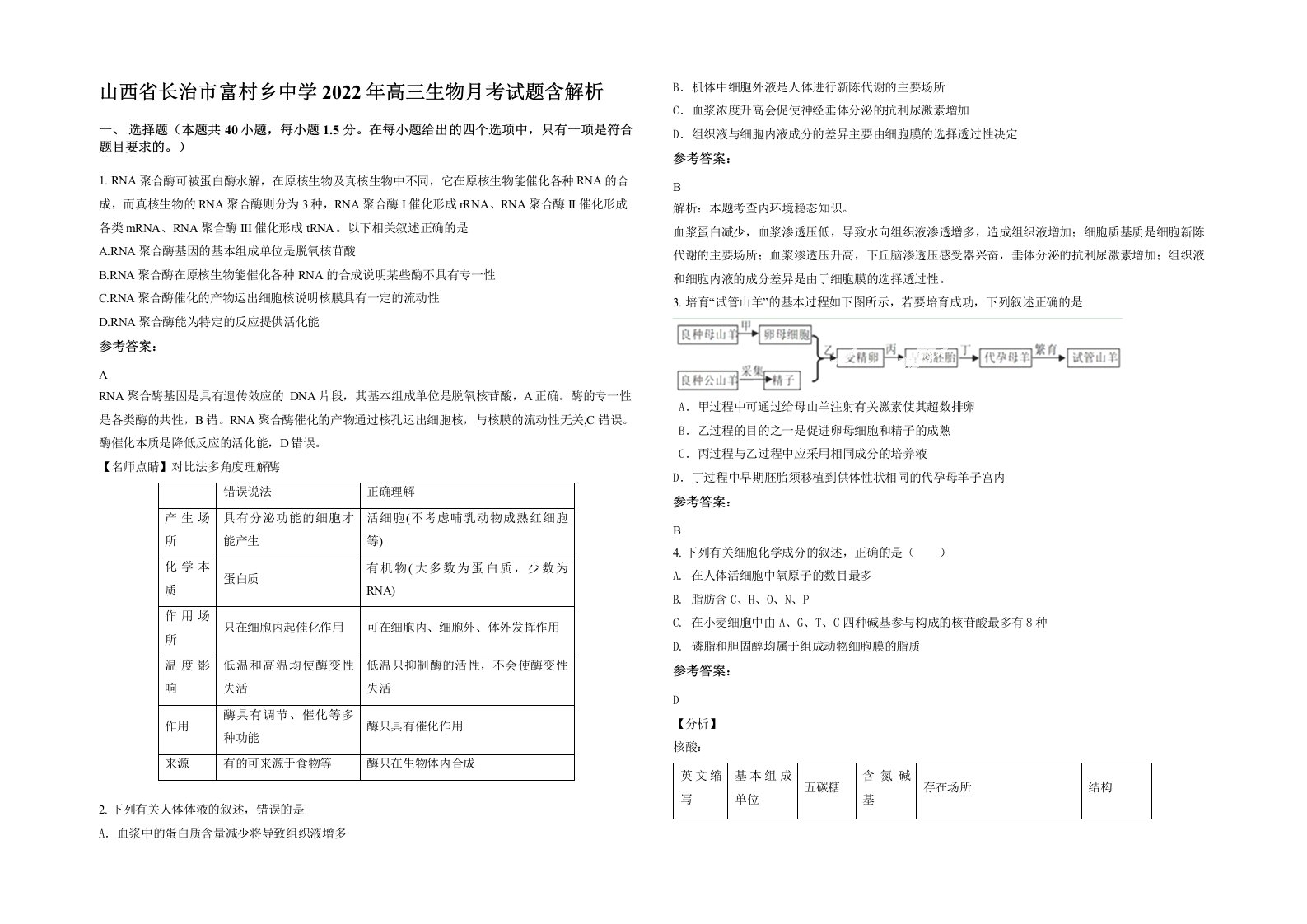 山西省长治市富村乡中学2022年高三生物月考试题含解析