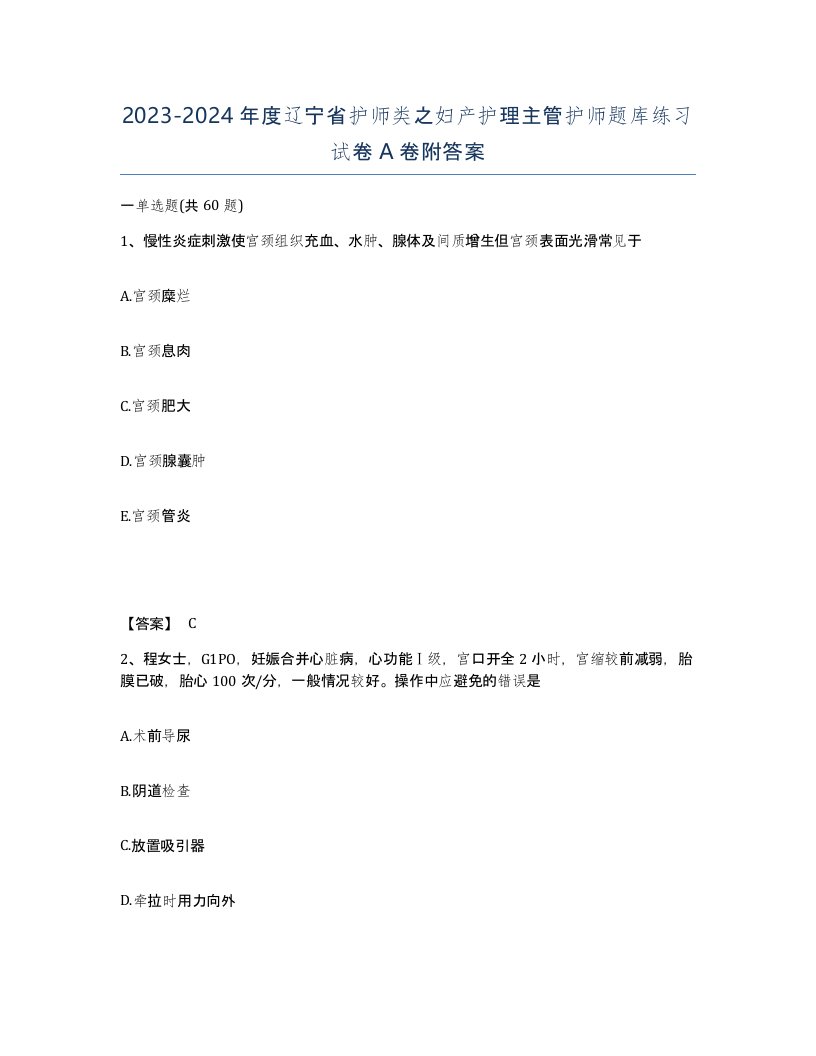 2023-2024年度辽宁省护师类之妇产护理主管护师题库练习试卷A卷附答案