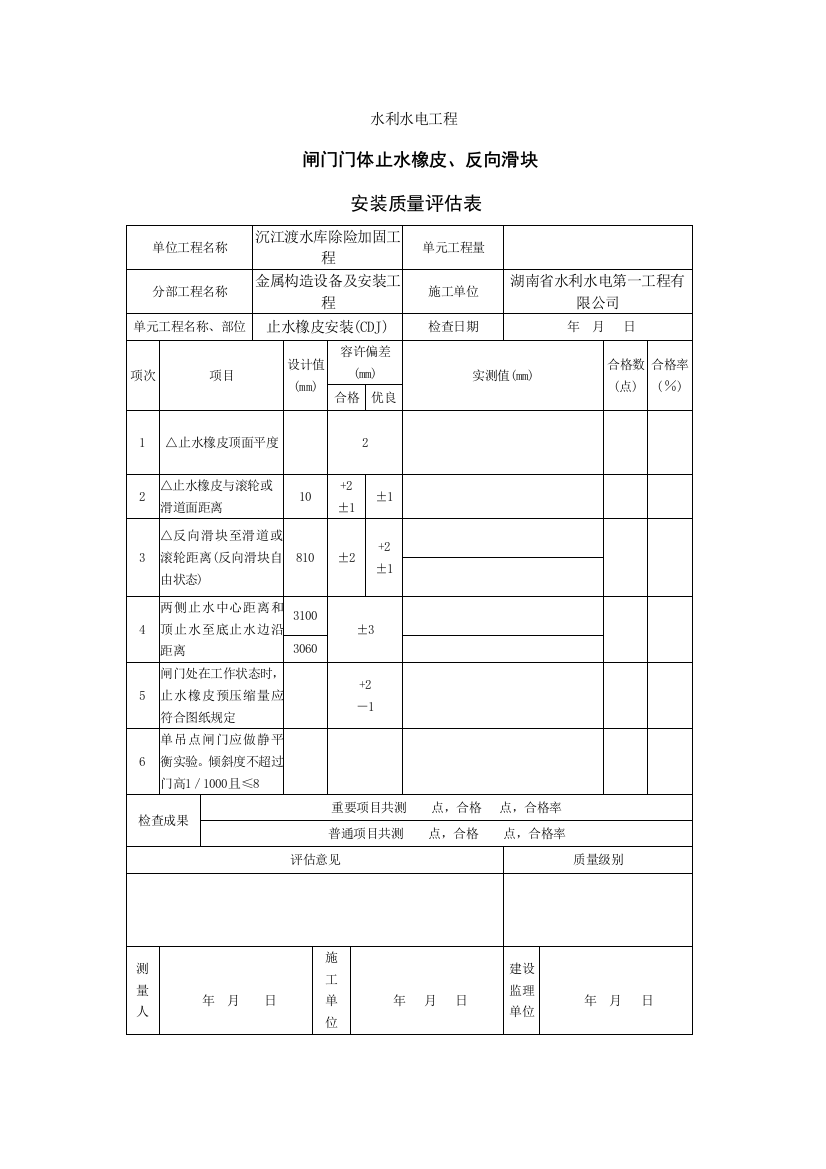 附属工程金属结设备及安装质量评定表样本