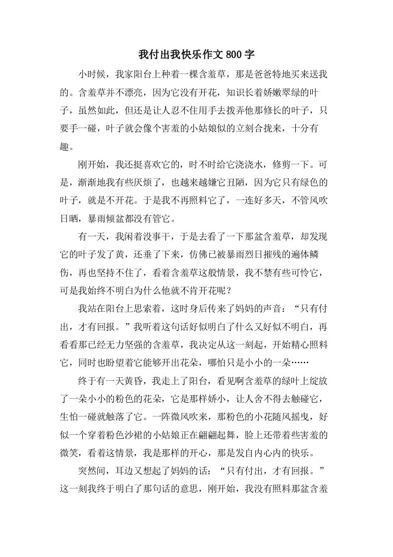 我付出我快乐作文800字