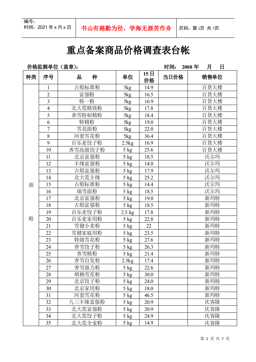 重点备案商品价格调查表台帐