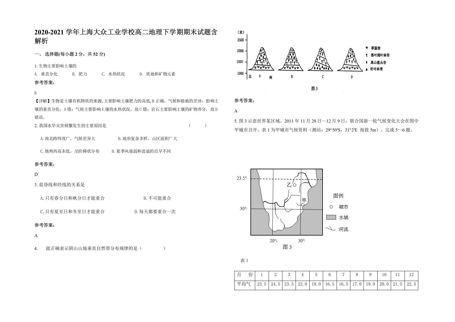 2020-2021学年上海大众工业学校高二地理下学期期末试题含解析