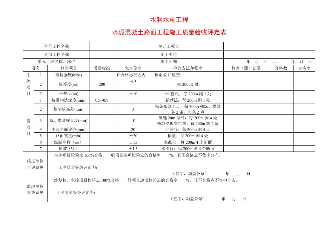 混凝土路面单元工程施工质量验收评定表