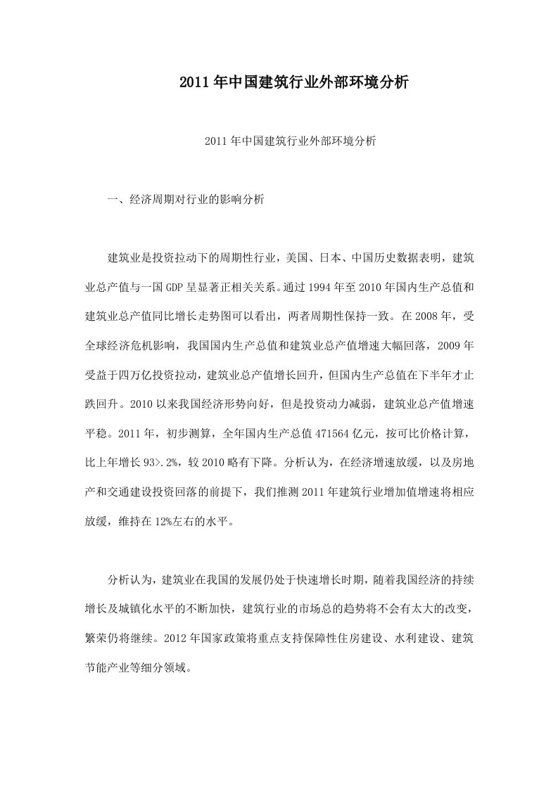 2011年中国建筑行业外部环境分析