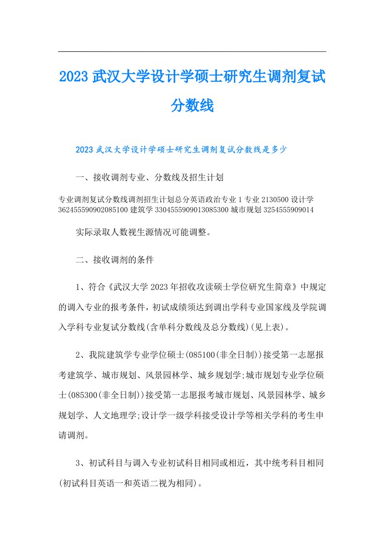 武汉大学设计学硕士研究生调剂复试分数线