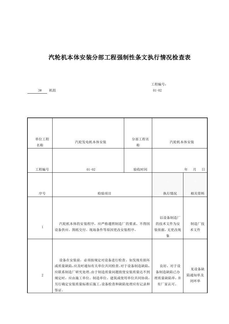 4.4.16汽轮机本体安装分部工程强制性条文执行情况检查表