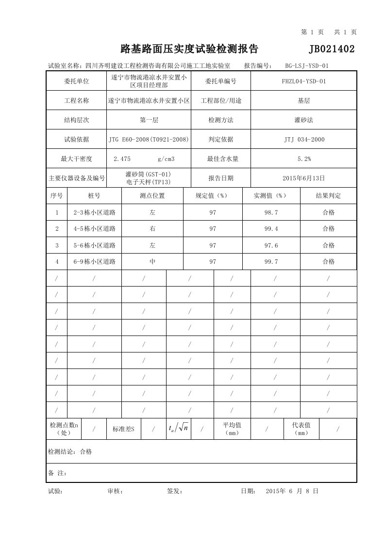 路基路面压实度试验检测报告