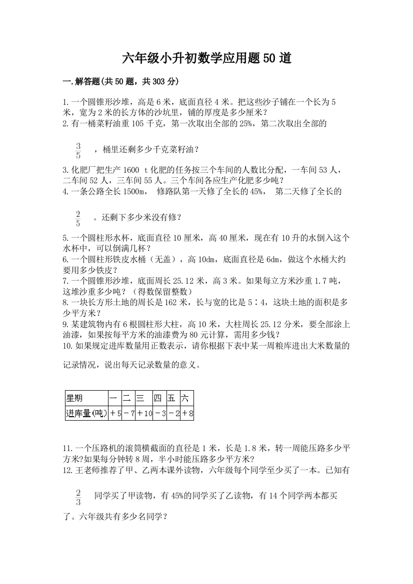 六年级小升初数学应用题50道含完整答案(必刷)