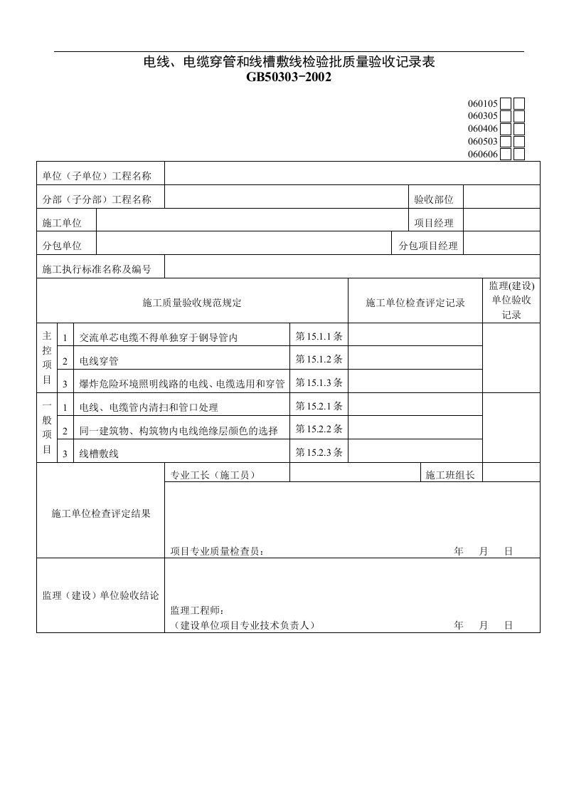 电线、电缆穿管和线槽敷线检验批质量验收记录表