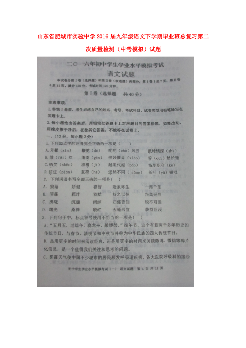 （小学中学试题）九年级语文下学期毕业班总复习第二次质量检测(模拟)(扫描版)