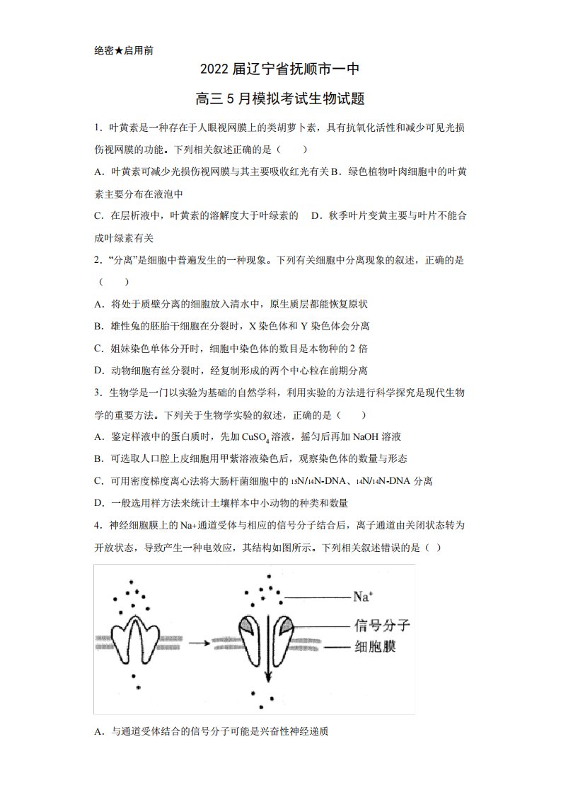 2022届辽宁省抚顺市一中高三5月模拟考试生物试题(解析版)