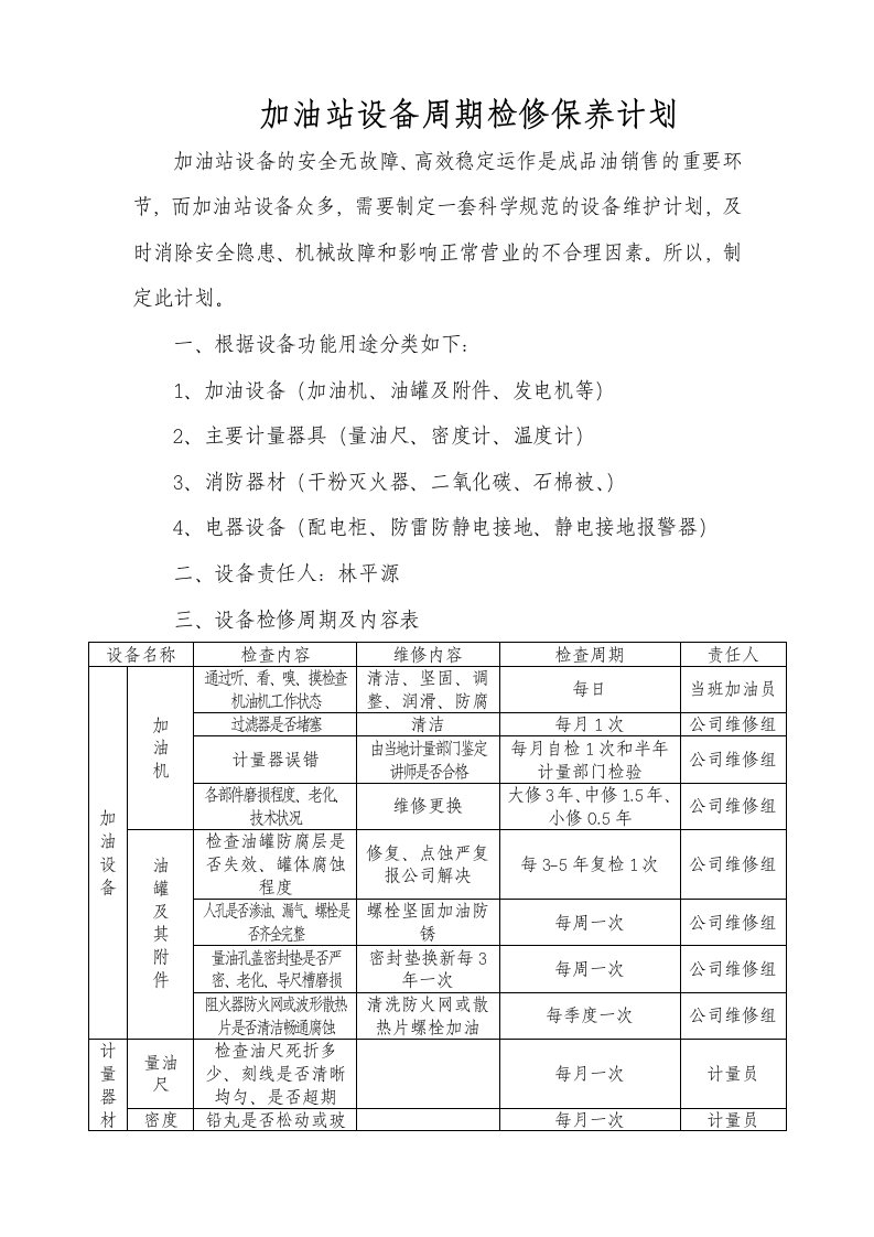 加油站设备周期检修保养计划