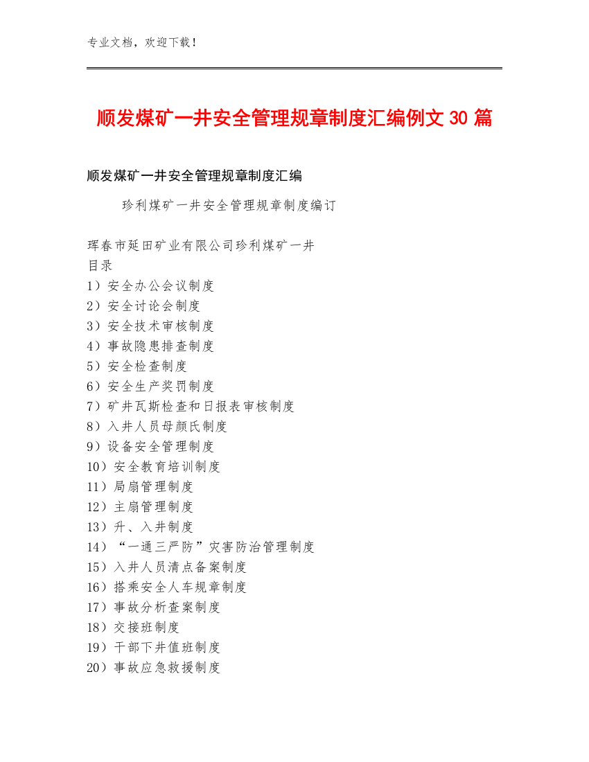 顺发煤矿一井安全管理规章制度汇编例文30篇