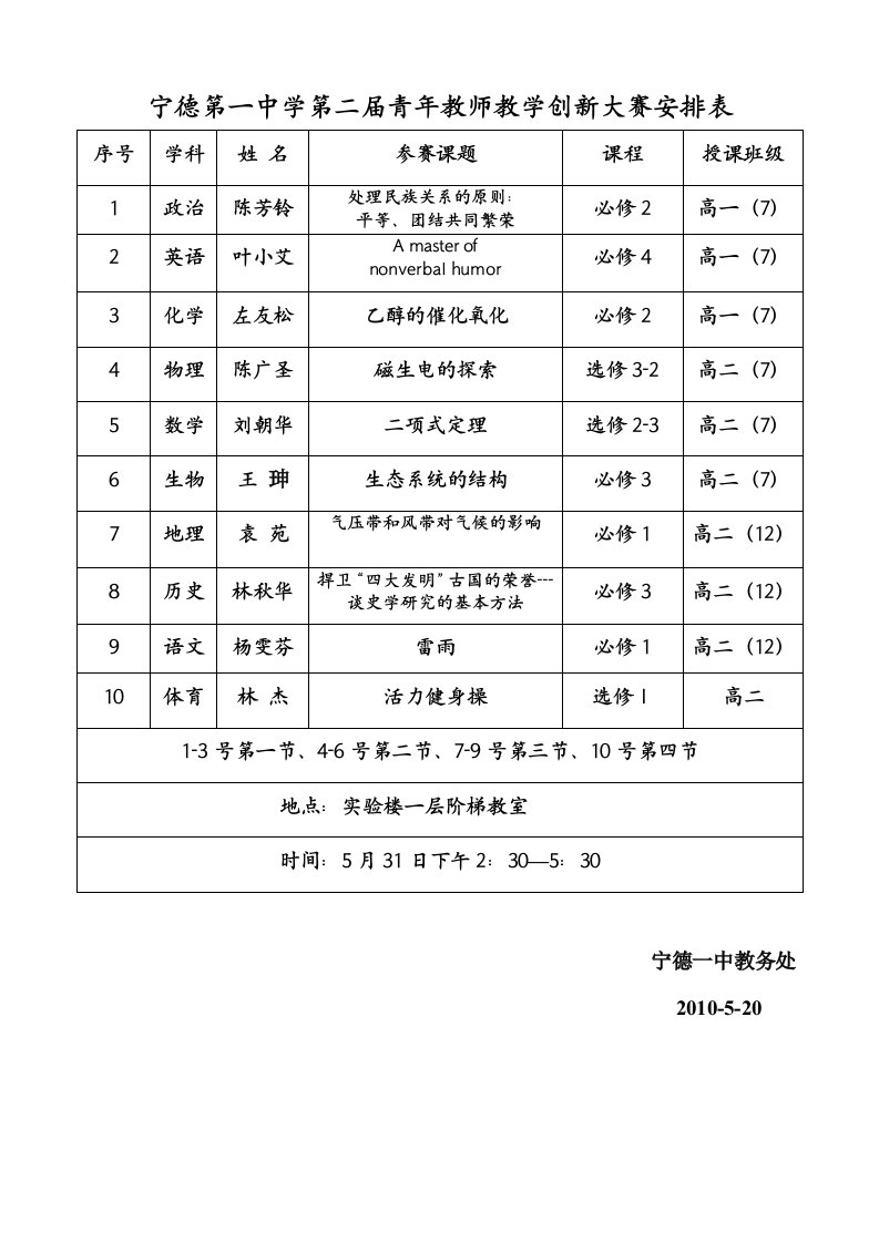 宁德第一中学第二届青年教师教学创新大赛安排表