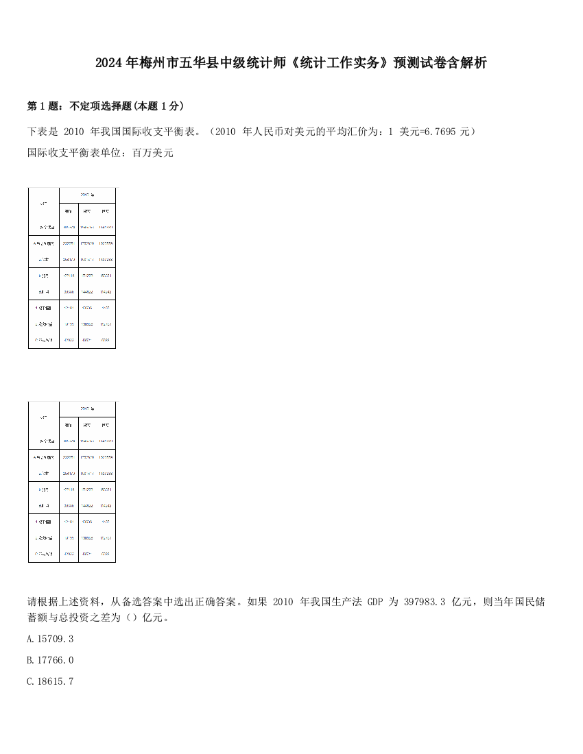 2024年梅州市五华县中级统计师《统计工作实务》预测试卷含解析