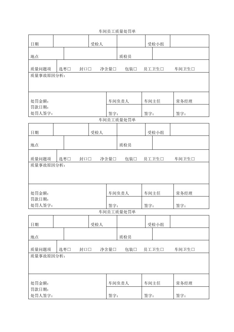 车间员工质量处罚单