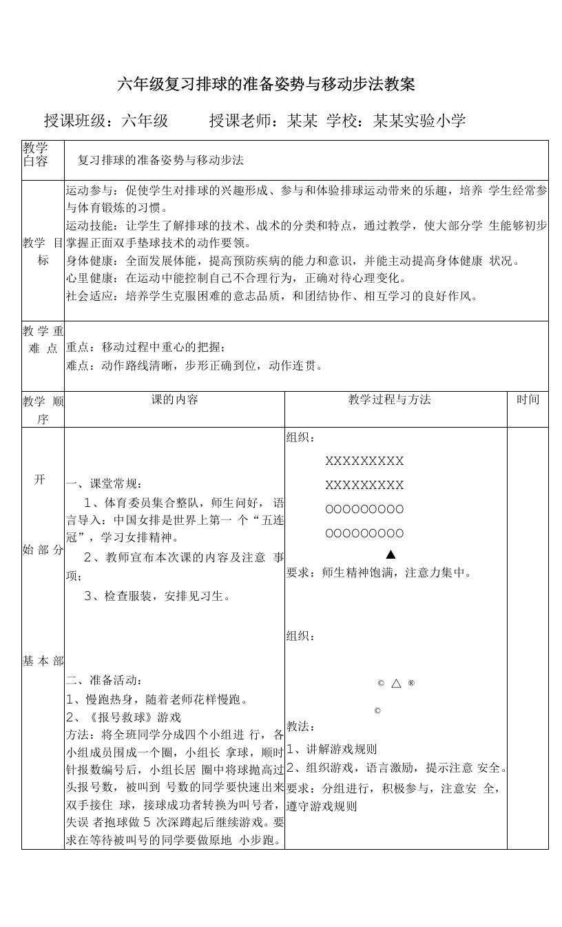 六年级复习排球的准备姿势与移动步法教案