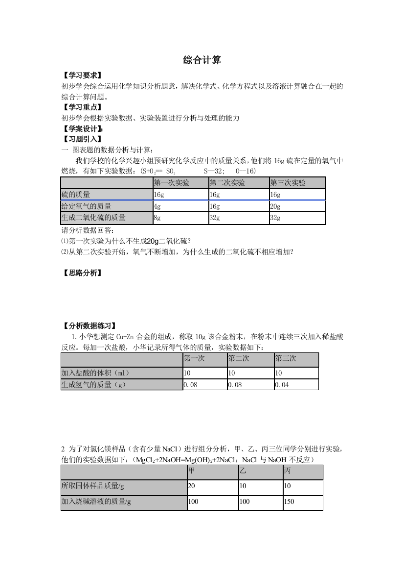 初中化学中考复习综合计算