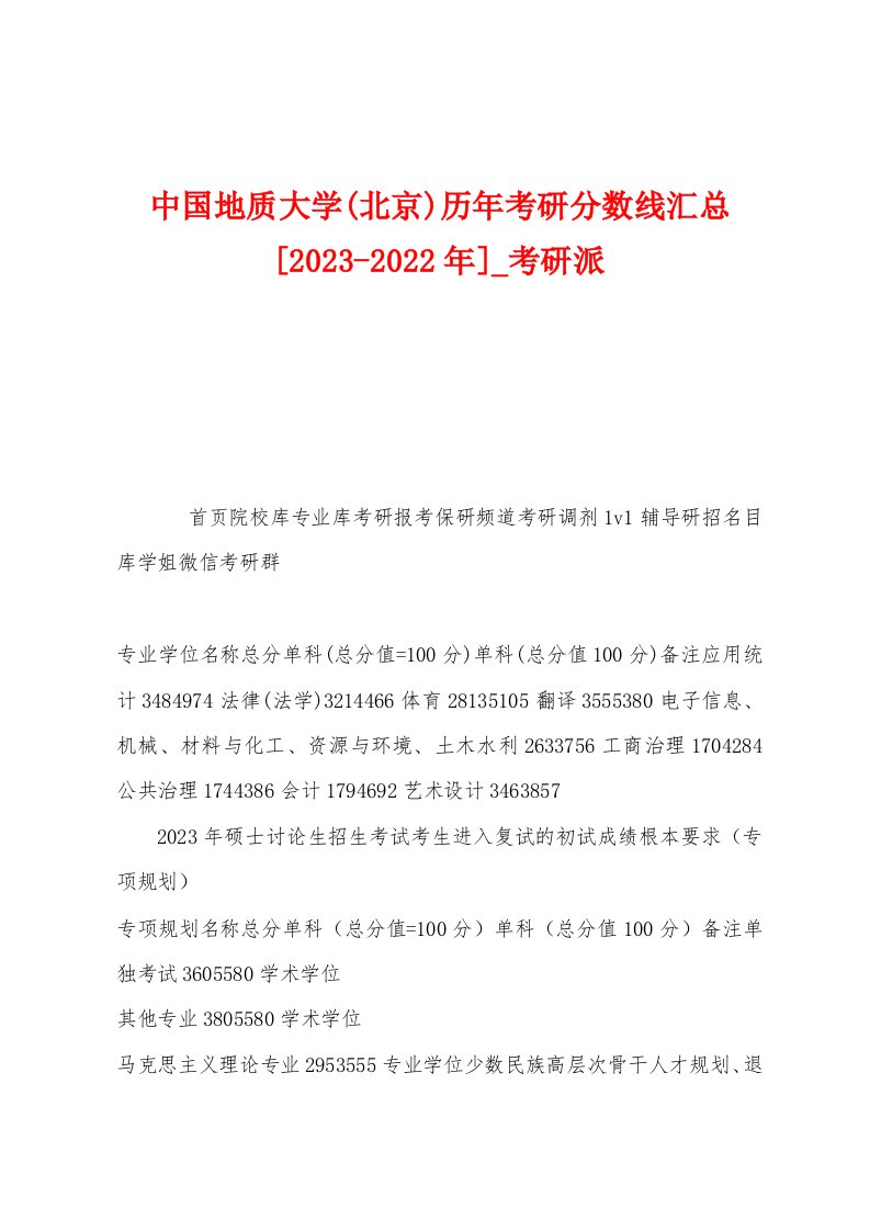 中国地质大学(北京)历年考研分数线汇总[2023年]