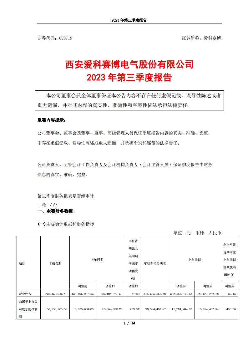 上交所-西安爱科赛博电气股份有限公司2023年第三季度报告-20231025