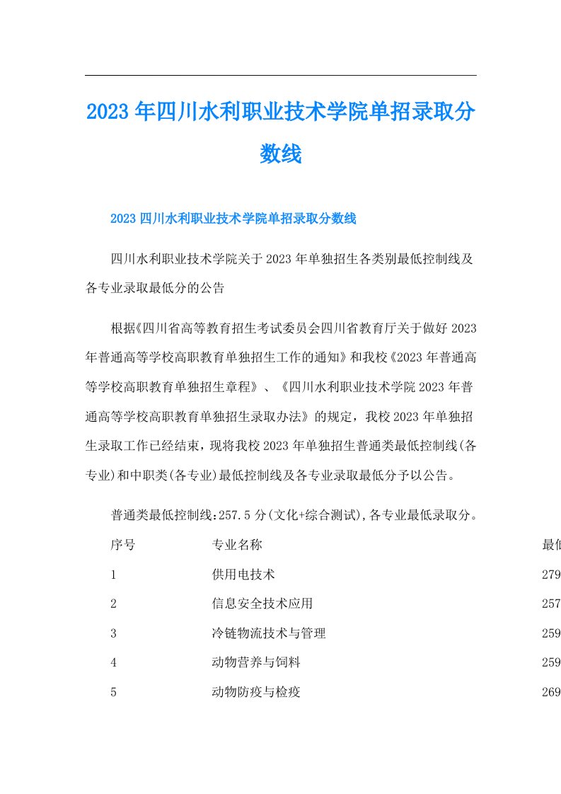 四川水利职业技术学院单招录取分数线