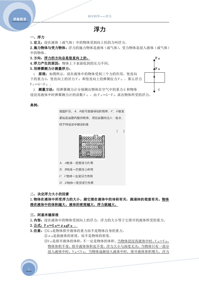 八年级上册浮力知识相关要点