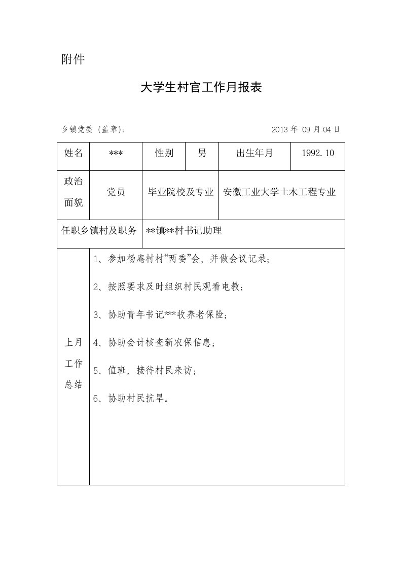 大学生村官工作月报表