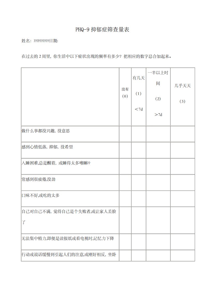 PHQ抑郁症筛查量表