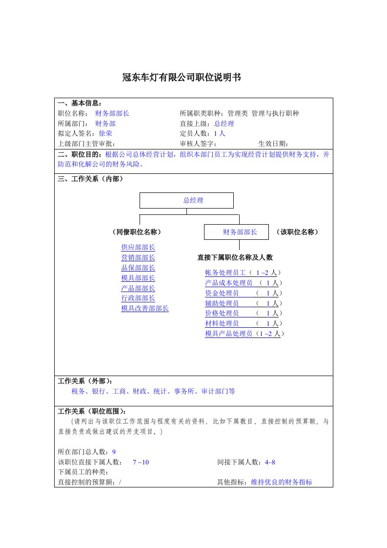 冠东车灯公司财务部部长职位说明书