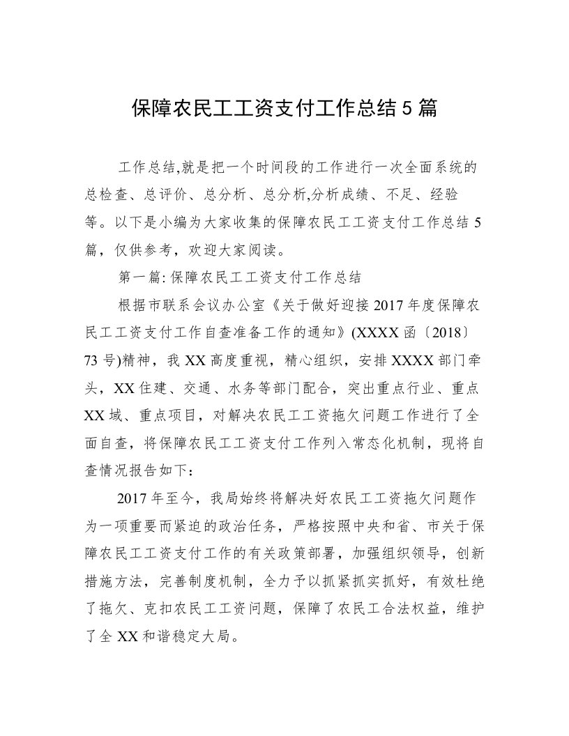 保障农民工工资支付工作总结5篇