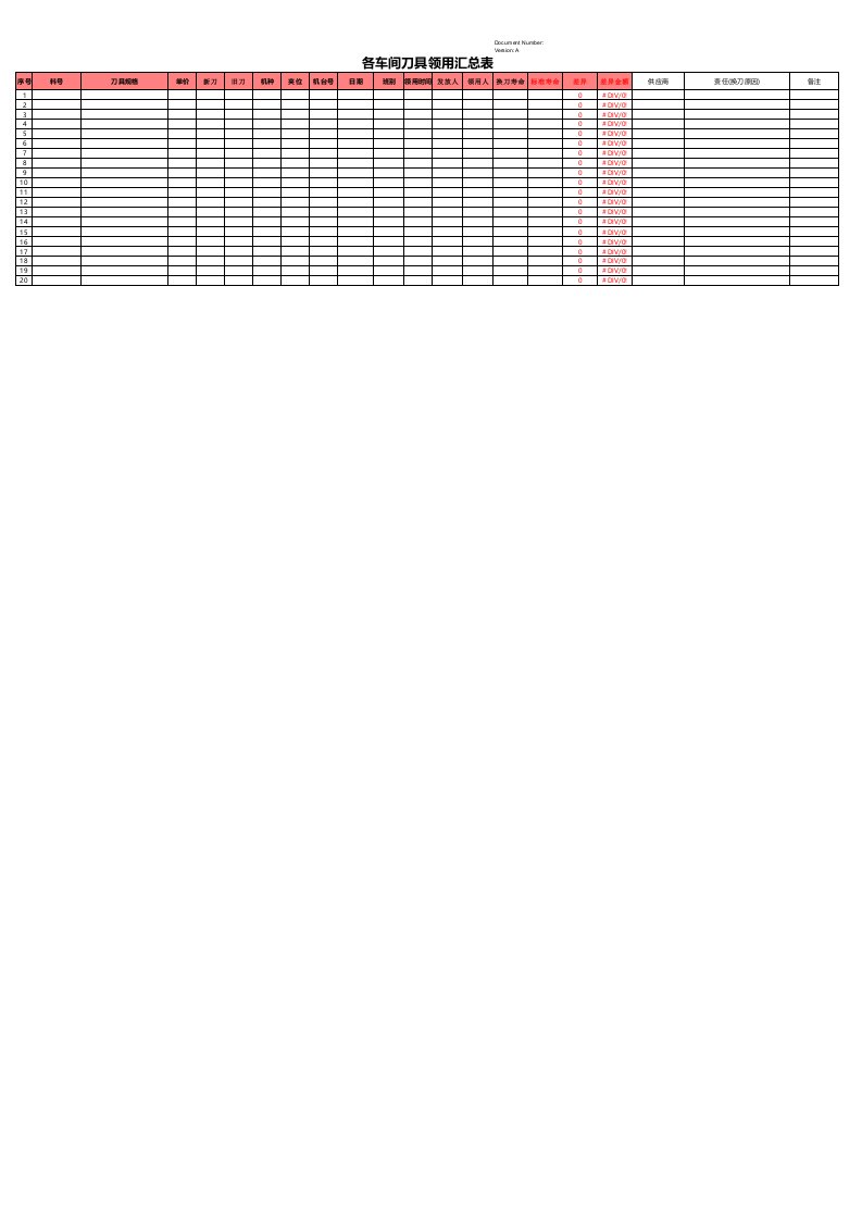 各车间刀具领用汇总表[空白模板]