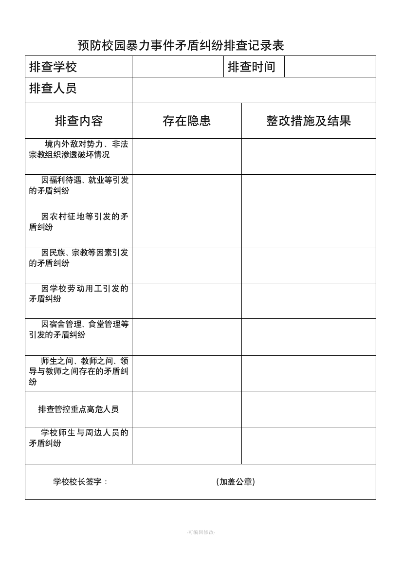 预防校园暴力事件矛盾纠纷排查记录表